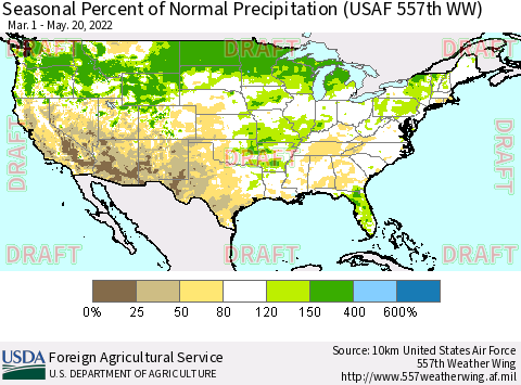 United States Seasonal Percent of Normal Precipitation (USAF 557th WW) Thematic Map For 3/1/2022 - 5/20/2022