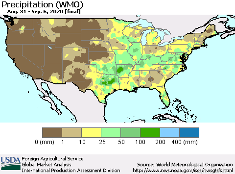 United States Precipitation (WMO) Thematic Map For 8/31/2020 - 9/6/2020