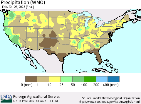 United States Precipitation (WMO) Thematic Map For 2/20/2023 - 2/26/2023