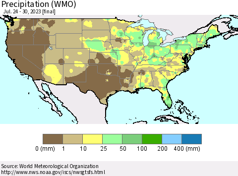 United States Precipitation (WMO) Thematic Map For 7/24/2023 - 7/30/2023