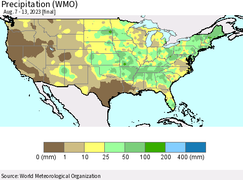 United States Precipitation (WMO) Thematic Map For 8/7/2023 - 8/13/2023