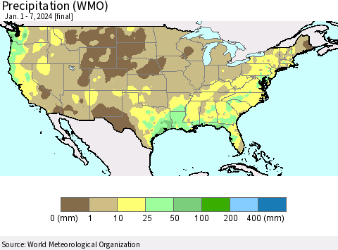 United States Precipitation (WMO) Thematic Map For 1/1/2024 - 1/7/2024