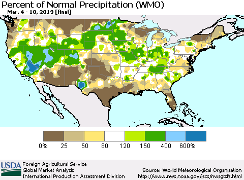 United States Percent of Normal Precipitation (WMO) Thematic Map For 3/4/2019 - 3/10/2019