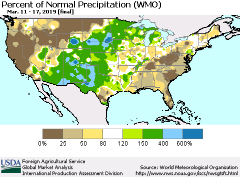 United States Percent of Normal Precipitation (WMO) Thematic Map For 3/11/2019 - 3/17/2019