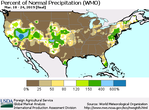 United States Percent of Normal Precipitation (WMO) Thematic Map For 3/18/2019 - 3/24/2019