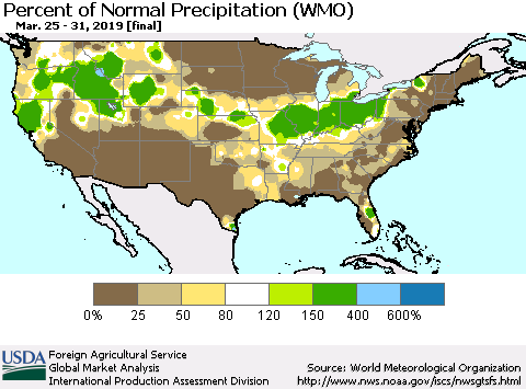 United States Percent of Normal Precipitation (WMO) Thematic Map For 3/25/2019 - 3/31/2019