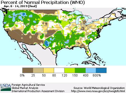 United States Percent of Normal Precipitation (WMO) Thematic Map For 4/8/2019 - 4/14/2019