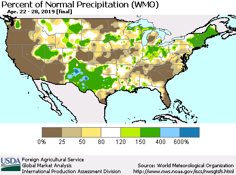 United States Percent of Normal Precipitation (WMO) Thematic Map For 4/22/2019 - 4/28/2019