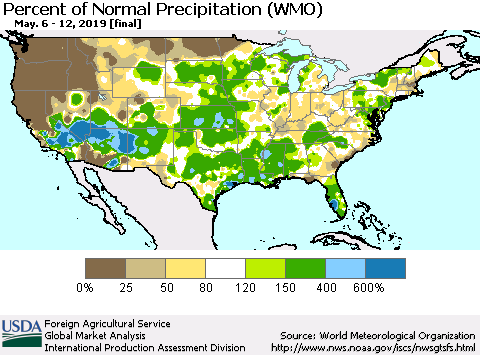 United States Percent of Normal Precipitation (WMO) Thematic Map For 5/6/2019 - 5/12/2019