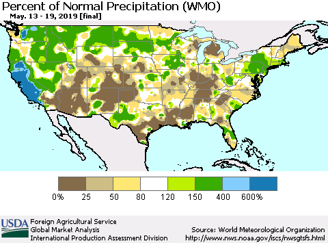 United States Percent of Normal Precipitation (WMO) Thematic Map For 5/13/2019 - 5/19/2019
