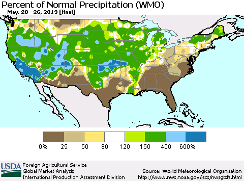 United States Percent of Normal Precipitation (WMO) Thematic Map For 5/20/2019 - 5/26/2019