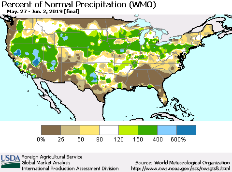 United States Percent of Normal Precipitation (WMO) Thematic Map For 5/27/2019 - 6/2/2019
