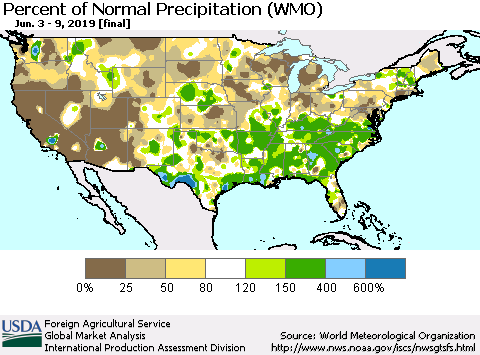 United States Percent of Normal Precipitation (WMO) Thematic Map For 6/3/2019 - 6/9/2019