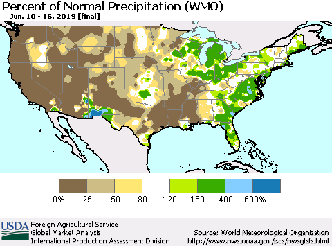 United States Percent of Normal Precipitation (WMO) Thematic Map For 6/10/2019 - 6/16/2019
