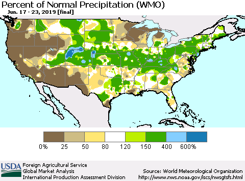 United States Percent of Normal Precipitation (WMO) Thematic Map For 6/17/2019 - 6/23/2019