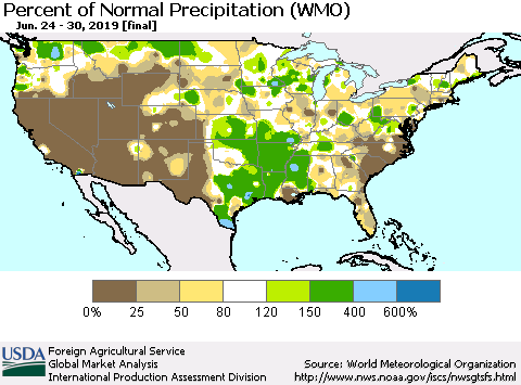 United States Percent of Normal Precipitation (WMO) Thematic Map For 6/24/2019 - 6/30/2019