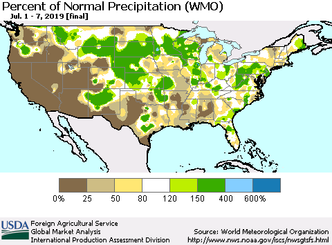 United States Percent of Normal Precipitation (WMO) Thematic Map For 7/1/2019 - 7/7/2019