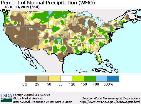 United States Percent of Normal Precipitation (WMO) Thematic Map For 7/8/2019 - 7/14/2019