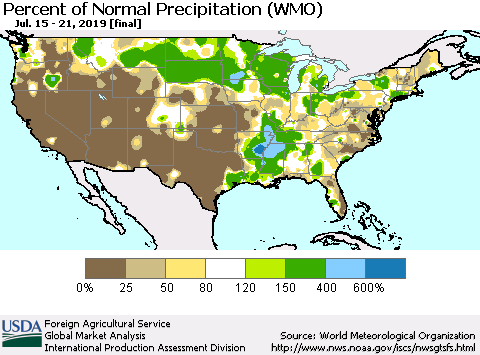 United States Percent of Normal Precipitation (WMO) Thematic Map For 7/15/2019 - 7/21/2019