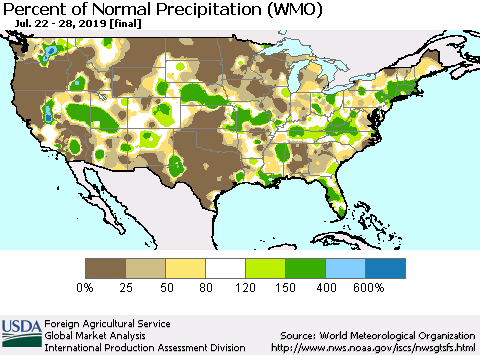 United States Percent of Normal Precipitation (WMO) Thematic Map For 7/22/2019 - 7/28/2019