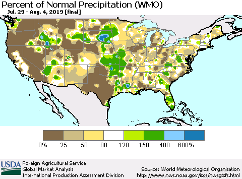 United States Percent of Normal Precipitation (WMO) Thematic Map For 7/29/2019 - 8/4/2019