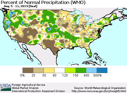 United States Percent of Normal Precipitation (WMO) Thematic Map For 8/5/2019 - 8/11/2019