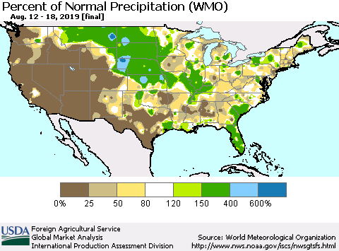 United States Percent of Normal Precipitation (WMO) Thematic Map For 8/12/2019 - 8/18/2019