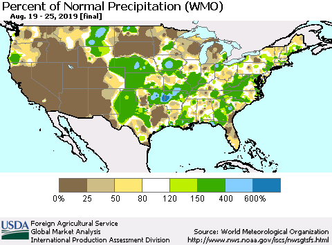 United States Percent of Normal Precipitation (WMO) Thematic Map For 8/19/2019 - 8/25/2019