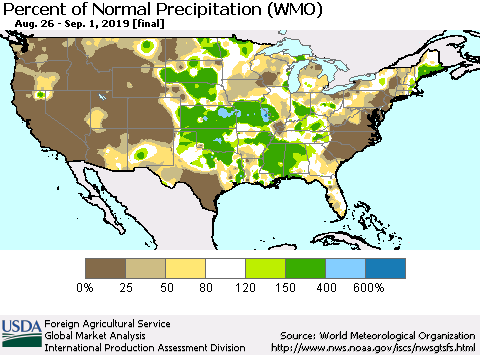 United States Percent of Normal Precipitation (WMO) Thematic Map For 8/26/2019 - 9/1/2019