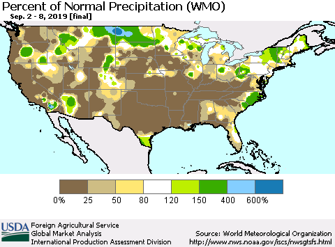 United States Percent of Normal Precipitation (WMO) Thematic Map For 9/2/2019 - 9/8/2019