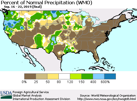 United States Percent of Normal Precipitation (WMO) Thematic Map For 9/16/2019 - 9/22/2019