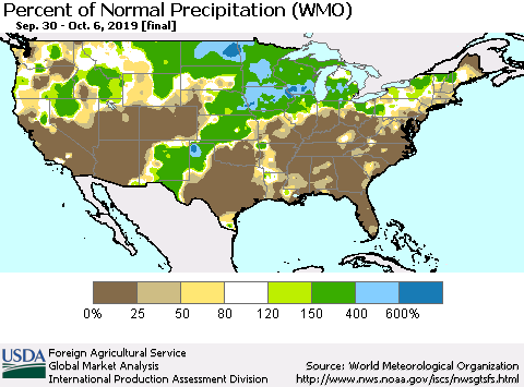 United States Percent of Normal Precipitation (WMO) Thematic Map For 9/30/2019 - 10/6/2019