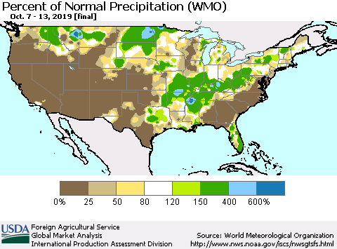 United States Percent of Normal Precipitation (WMO) Thematic Map For 10/7/2019 - 10/13/2019