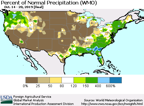 United States Percent of Normal Precipitation (WMO) Thematic Map For 10/14/2019 - 10/20/2019