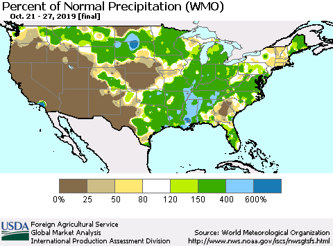 United States Percent of Normal Precipitation (WMO) Thematic Map For 10/21/2019 - 10/27/2019