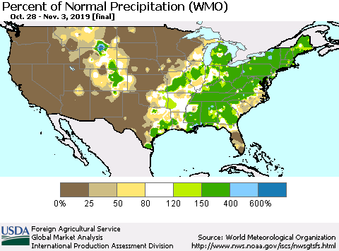 United States Percent of Normal Precipitation (WMO) Thematic Map For 10/28/2019 - 11/3/2019