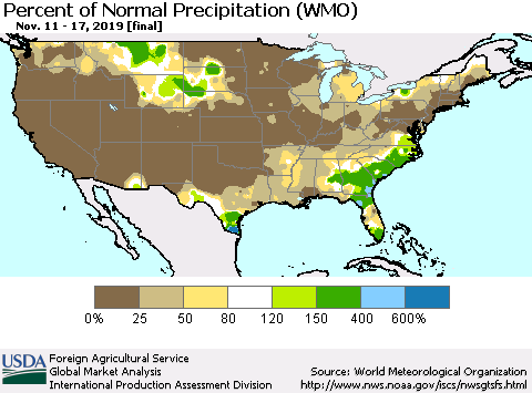 United States Percent of Normal Precipitation (WMO) Thematic Map For 11/11/2019 - 11/17/2019