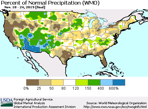 United States Percent of Normal Precipitation (WMO) Thematic Map For 11/18/2019 - 11/24/2019
