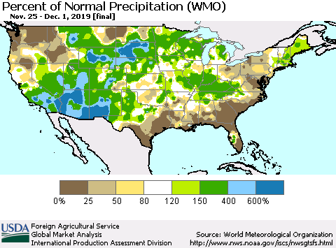 United States Percent of Normal Precipitation (WMO) Thematic Map For 11/25/2019 - 12/1/2019