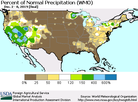 United States Percent of Normal Precipitation (WMO) Thematic Map For 12/2/2019 - 12/8/2019