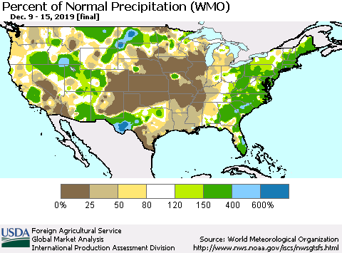 United States Percent of Normal Precipitation (WMO) Thematic Map For 12/9/2019 - 12/15/2019