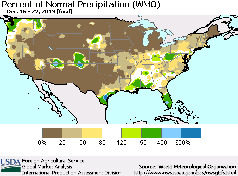 United States Percent of Normal Precipitation (WMO) Thematic Map For 12/16/2019 - 12/22/2019