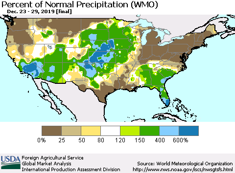 United States Percent of Normal Precipitation (WMO) Thematic Map For 12/23/2019 - 12/29/2019