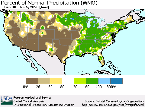 United States Percent of Normal Precipitation (WMO) Thematic Map For 12/30/2019 - 1/5/2020