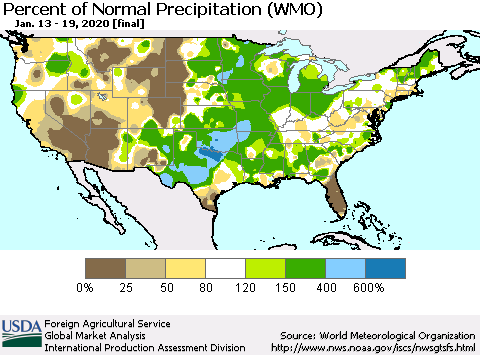 United States Percent of Normal Precipitation (WMO) Thematic Map For 1/13/2020 - 1/19/2020