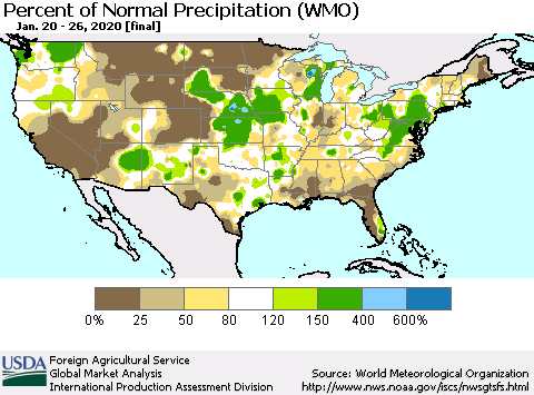 United States Percent of Normal Precipitation (WMO) Thematic Map For 1/20/2020 - 1/26/2020