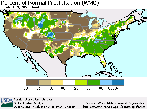 United States Percent of Normal Precipitation (WMO) Thematic Map For 2/3/2020 - 2/9/2020
