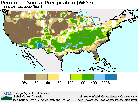 United States Percent of Normal Precipitation (WMO) Thematic Map For 2/10/2020 - 2/16/2020
