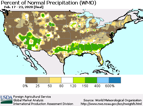 United States Percent of Normal Precipitation (WMO) Thematic Map For 2/17/2020 - 2/23/2020