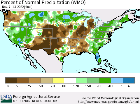 United States Percent of Normal Precipitation (WMO) Thematic Map For 11/7/2022 - 11/13/2022